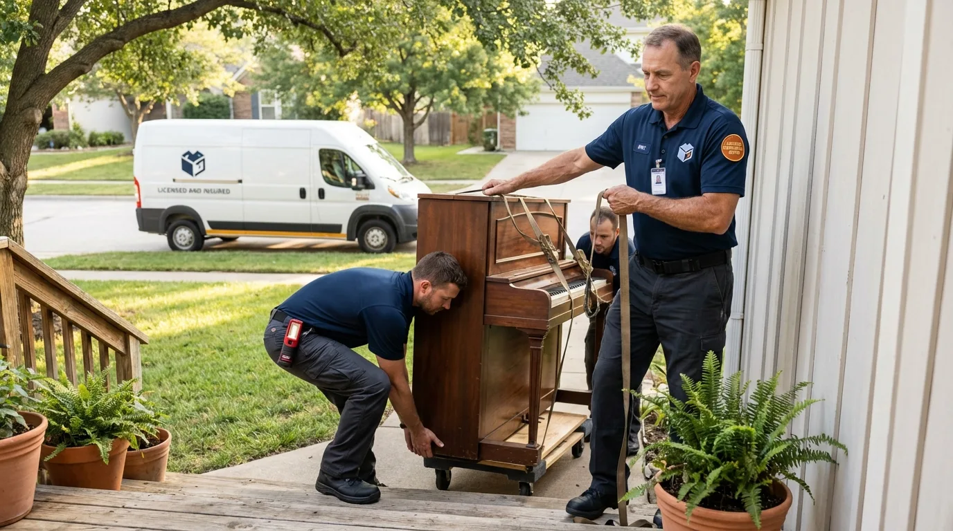 Licensed piano movers securing grand piano in Carterville, IL