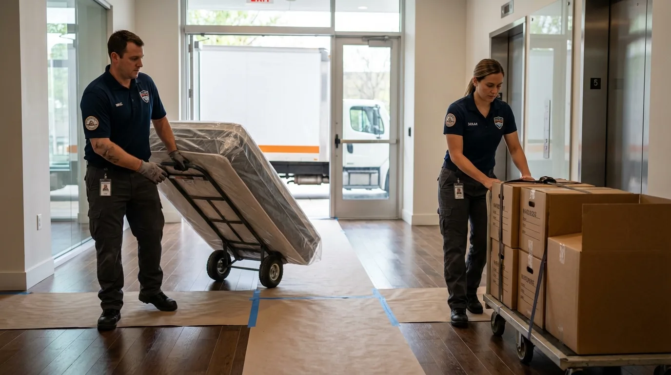 Professional apartment movers loading elevator in Carterville, IL